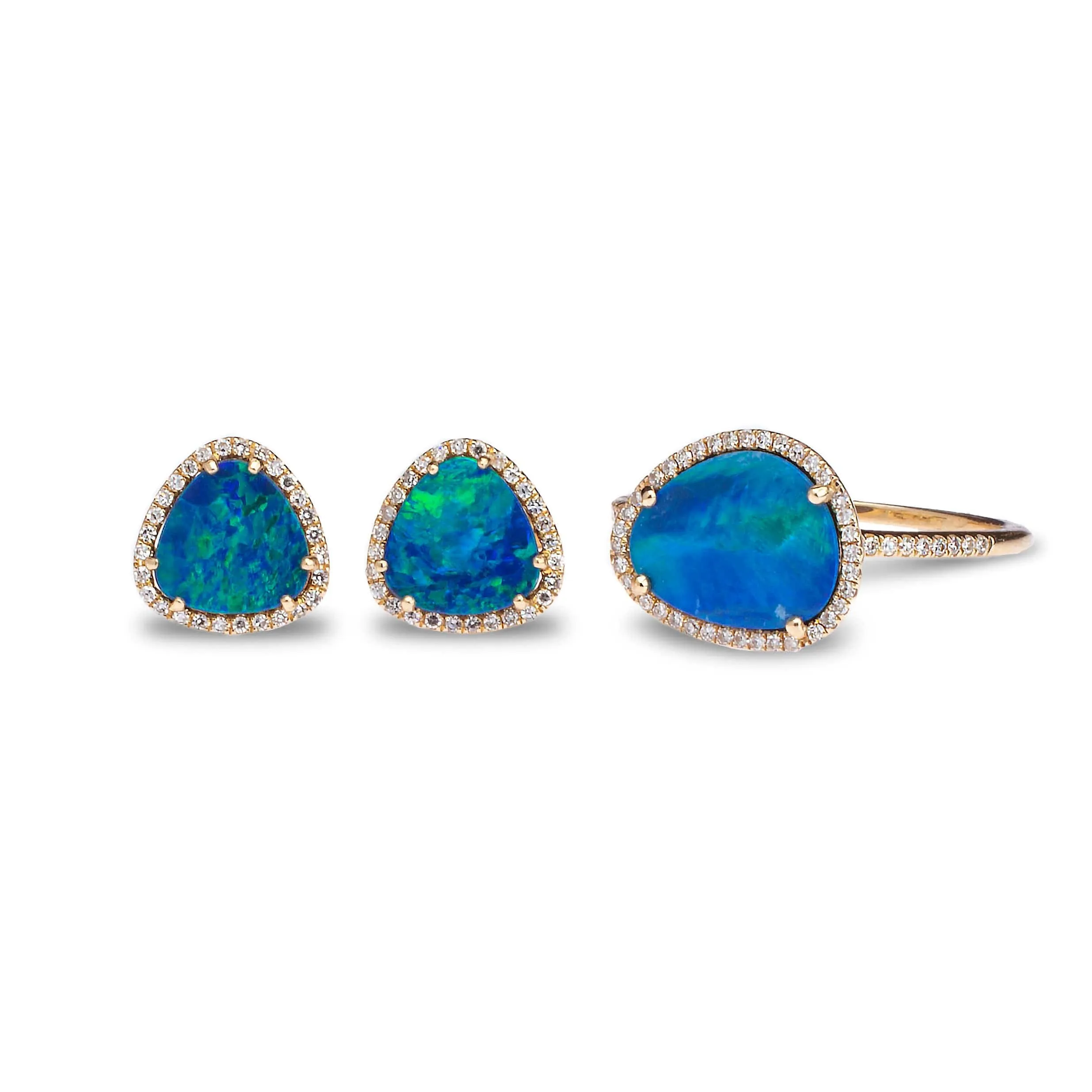 14K Gold Organic Opal and Diamond Stud Earrings