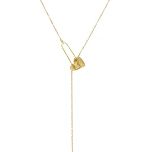 14k Gold Plated Safety Pin Heart Adjustable Lariat Necklace