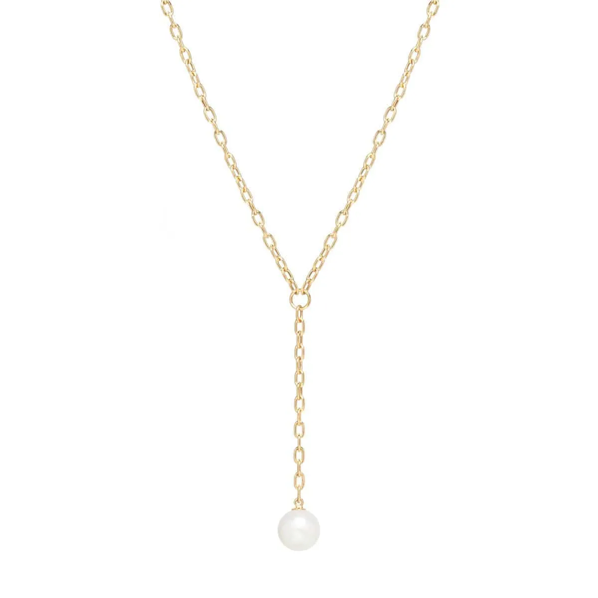 14K Small Oval Link Lariat With Pearl Drop