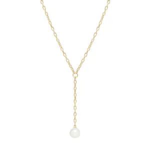 14K Small Oval Link Lariat With Pearl Drop