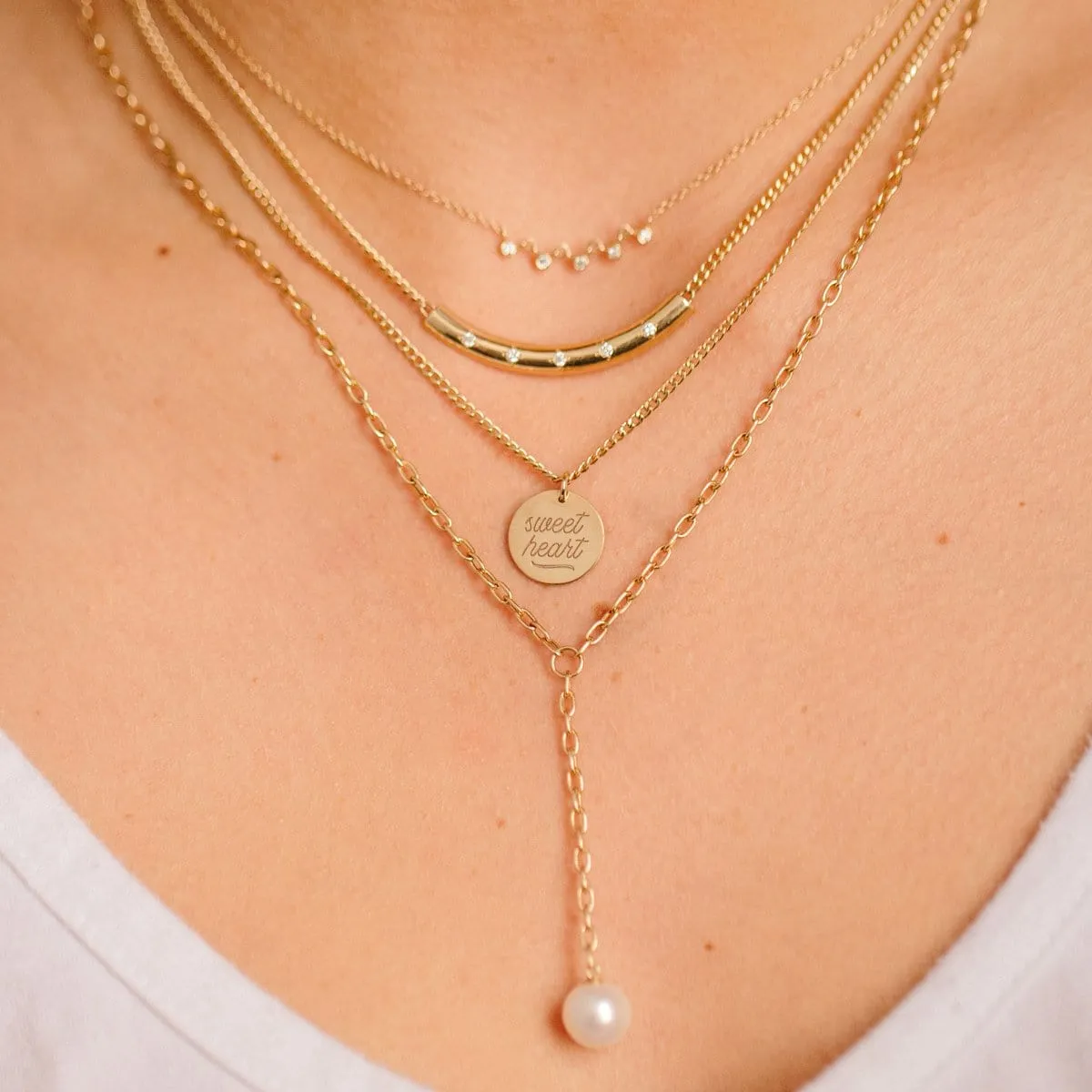 14K Small Oval Link Lariat With Pearl Drop