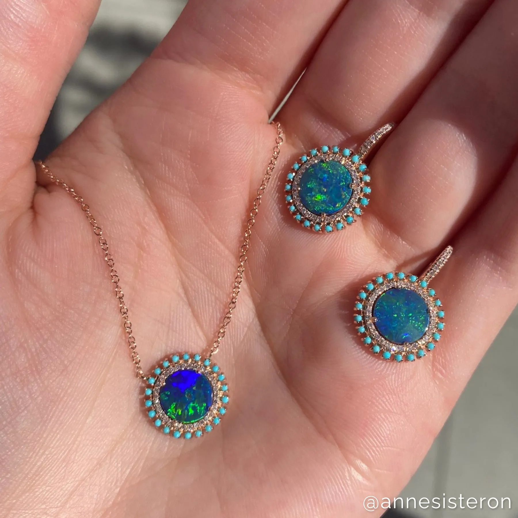 14KT White Gold Opal Turquoise Diamond Round Kai Earrings