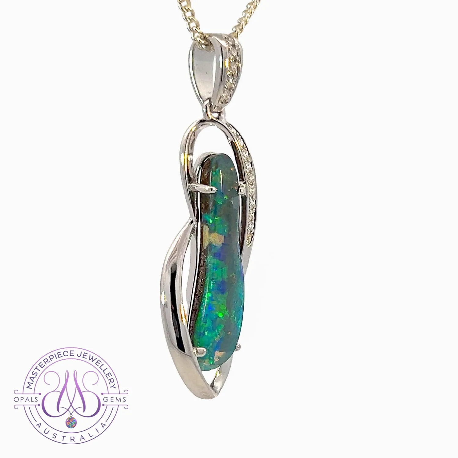 14kt White Gold swirl design Boulder Opal 3.43ct with 14 Diamond 0.1ct