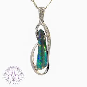 14kt White Gold swirl design Boulder Opal 3.43ct with 14 Diamond 0.1ct