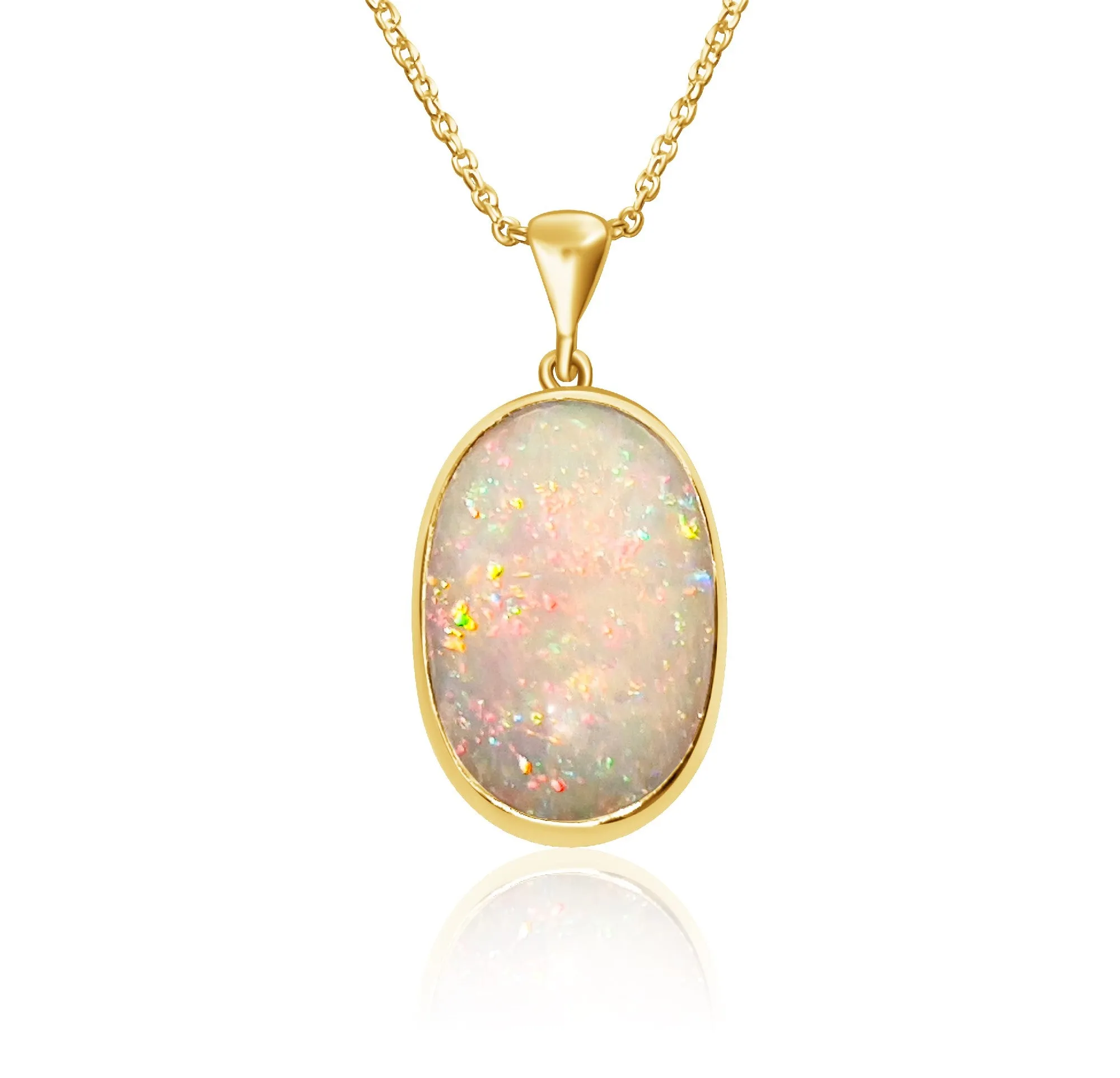 18kt Yellow Gold classic Oval White Opal 6.98ct bezel set pendant