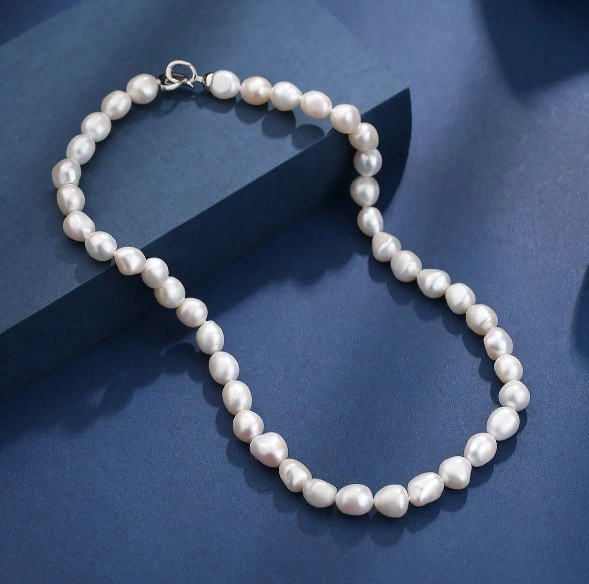 9-10mm Baroque Pearl Necklace Silver