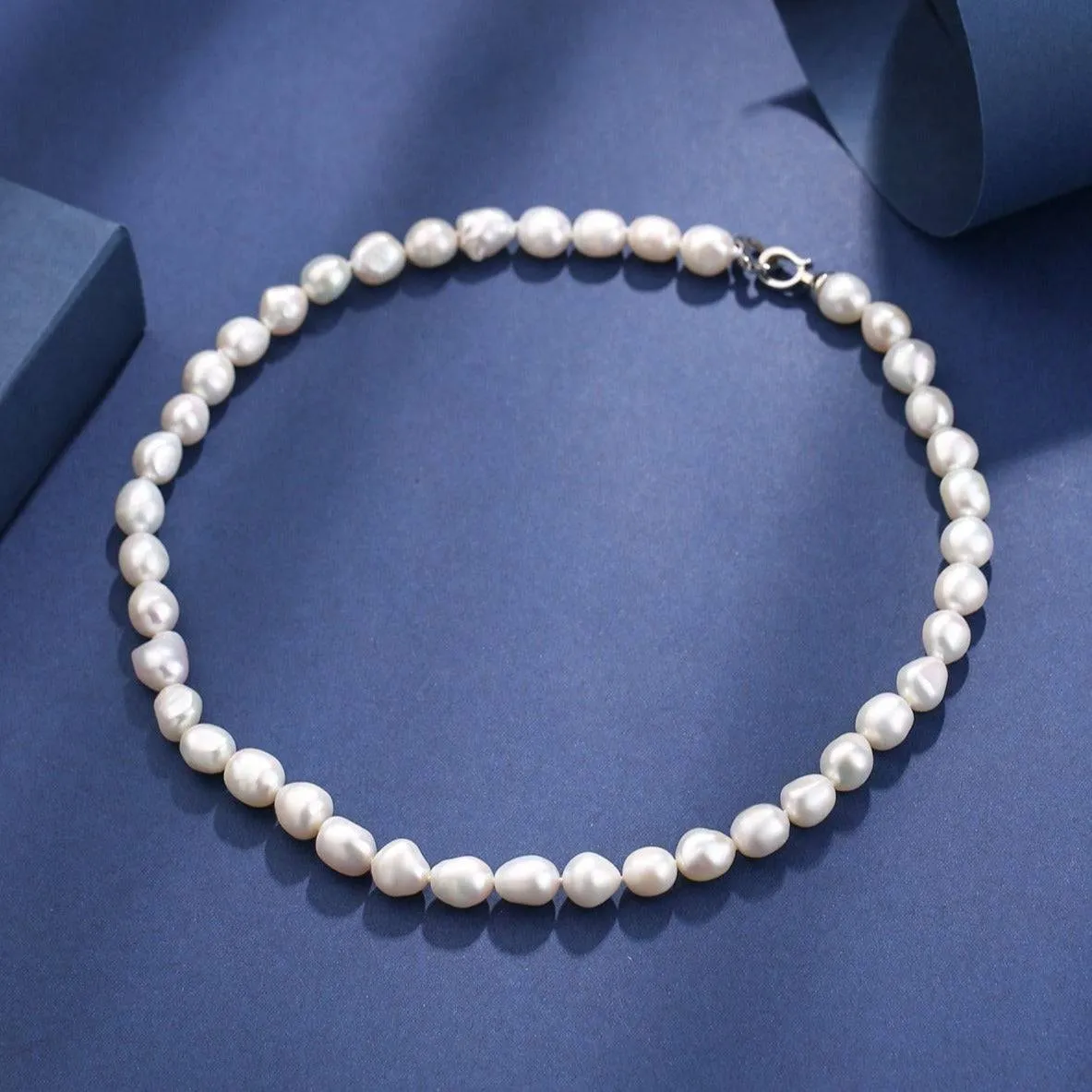 9-10mm Baroque Pearl Necklace Silver