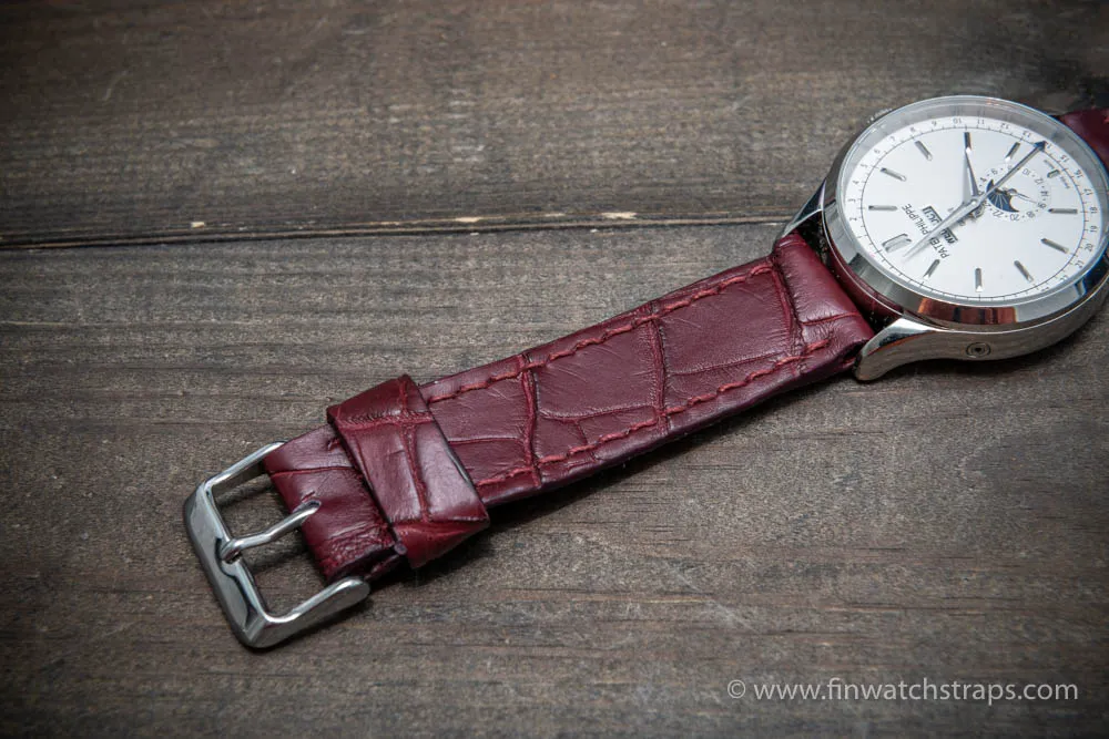 Alligator watch strap Burgundy matte, handmade in Finland