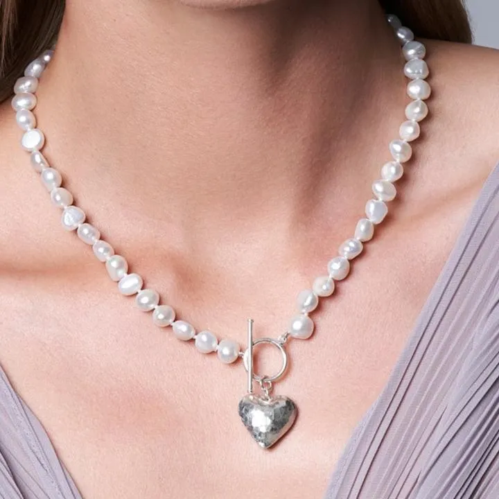 Amare single strand white irregular cultured freshwater pearl necklace with silver hammered heart