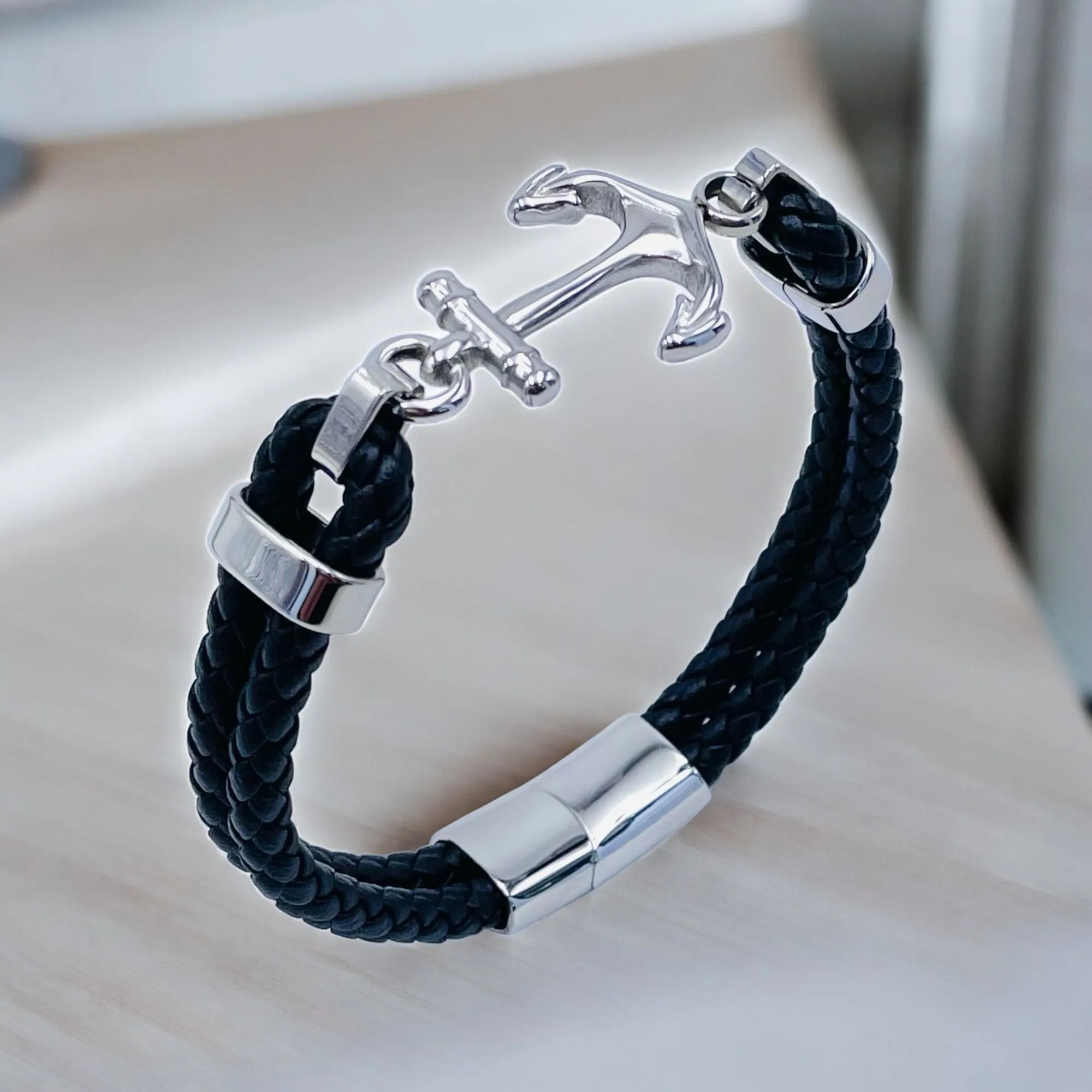 Anchor Dual layer Rope Black Silver Stainless Steel Anti Tarnish Leather Bracelet For Men