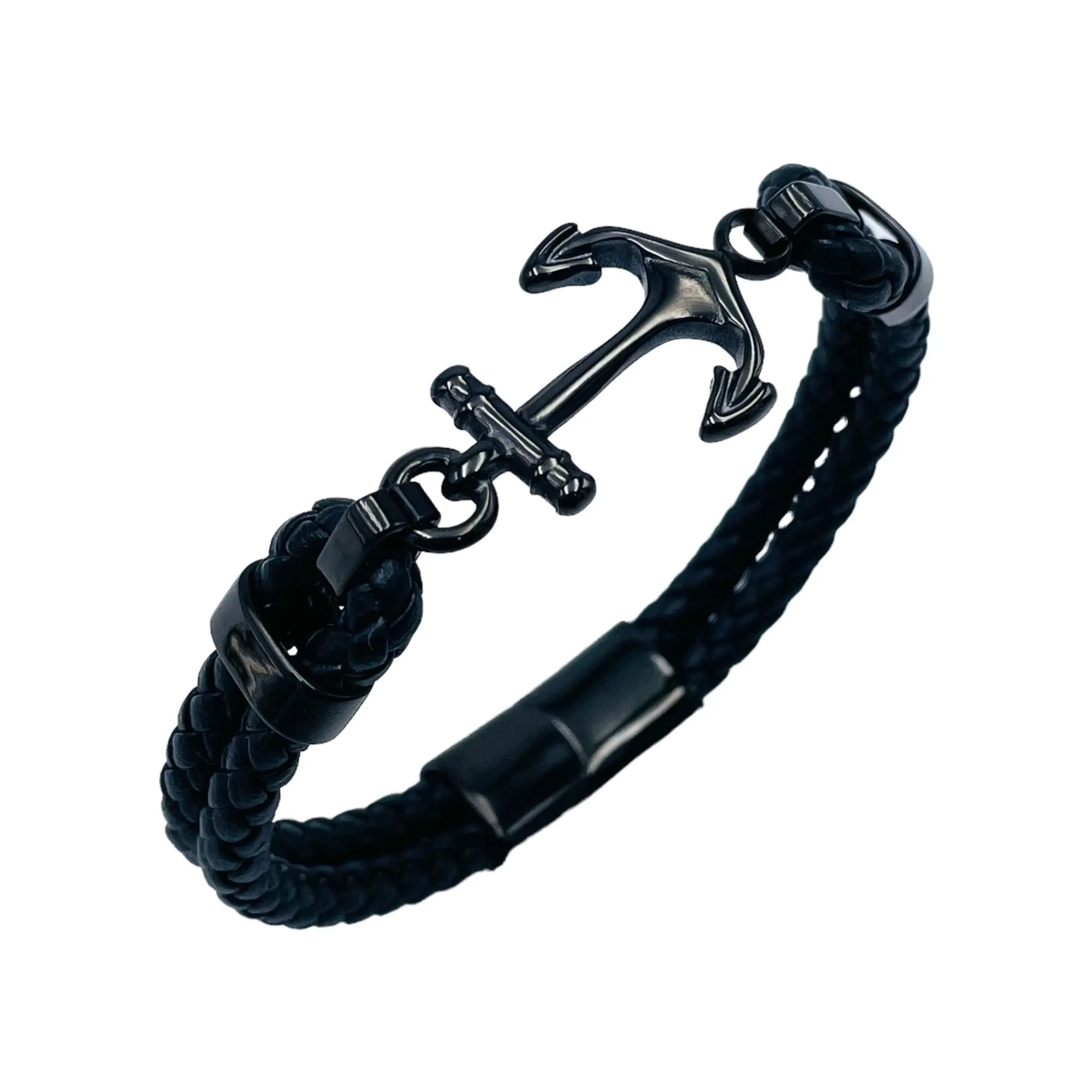 Anchor Dual layer Rope Black Silver Stainless Steel Anti Tarnish Leather Bracelet For Men