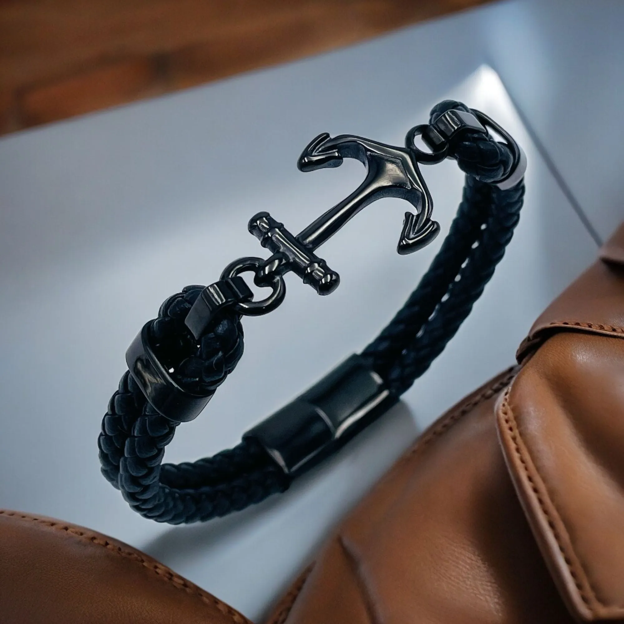 Anchor Dual layer Rope Black Silver Stainless Steel Anti Tarnish Leather Bracelet For Men