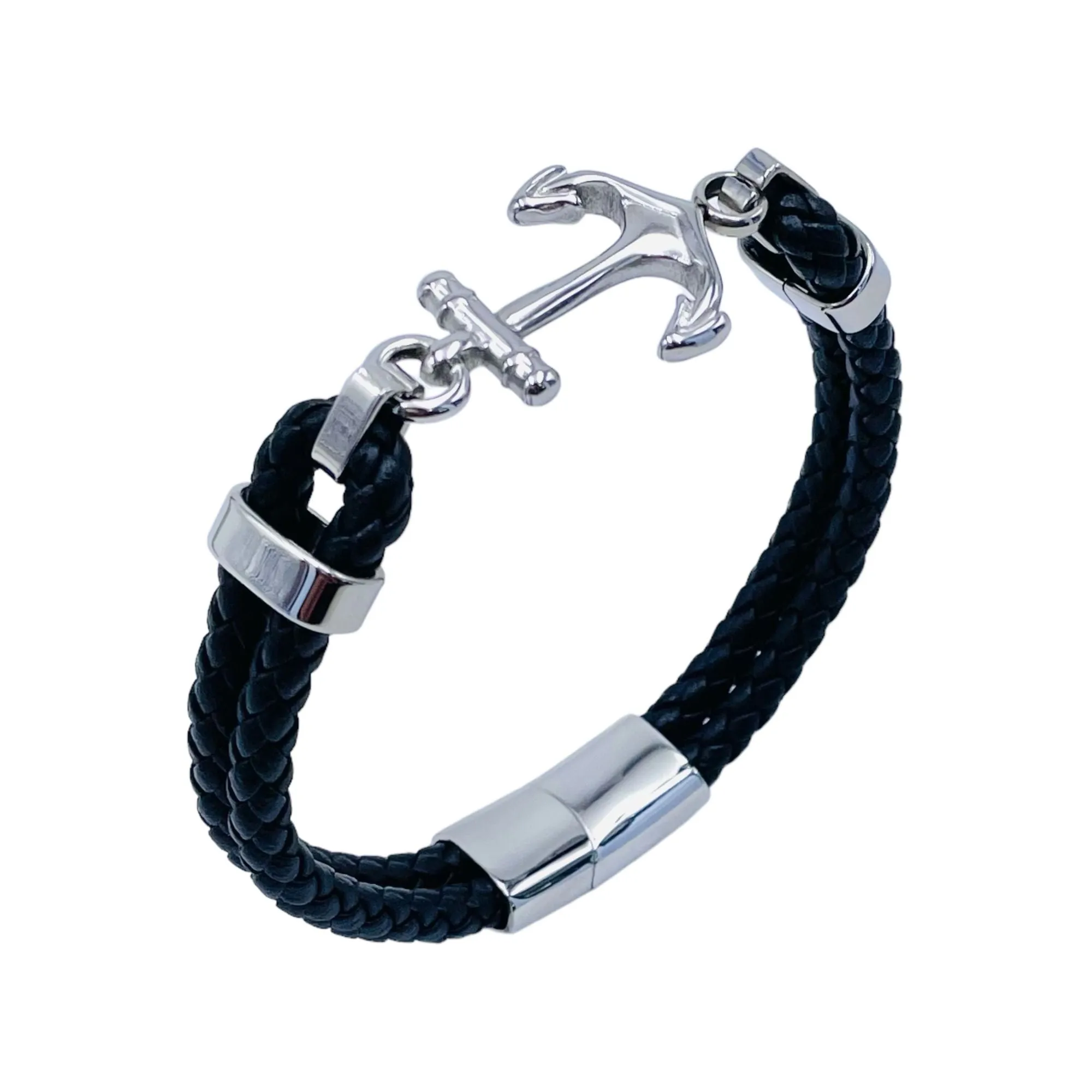 Anchor Dual layer Rope Black Silver Stainless Steel Anti Tarnish Leather Bracelet For Men