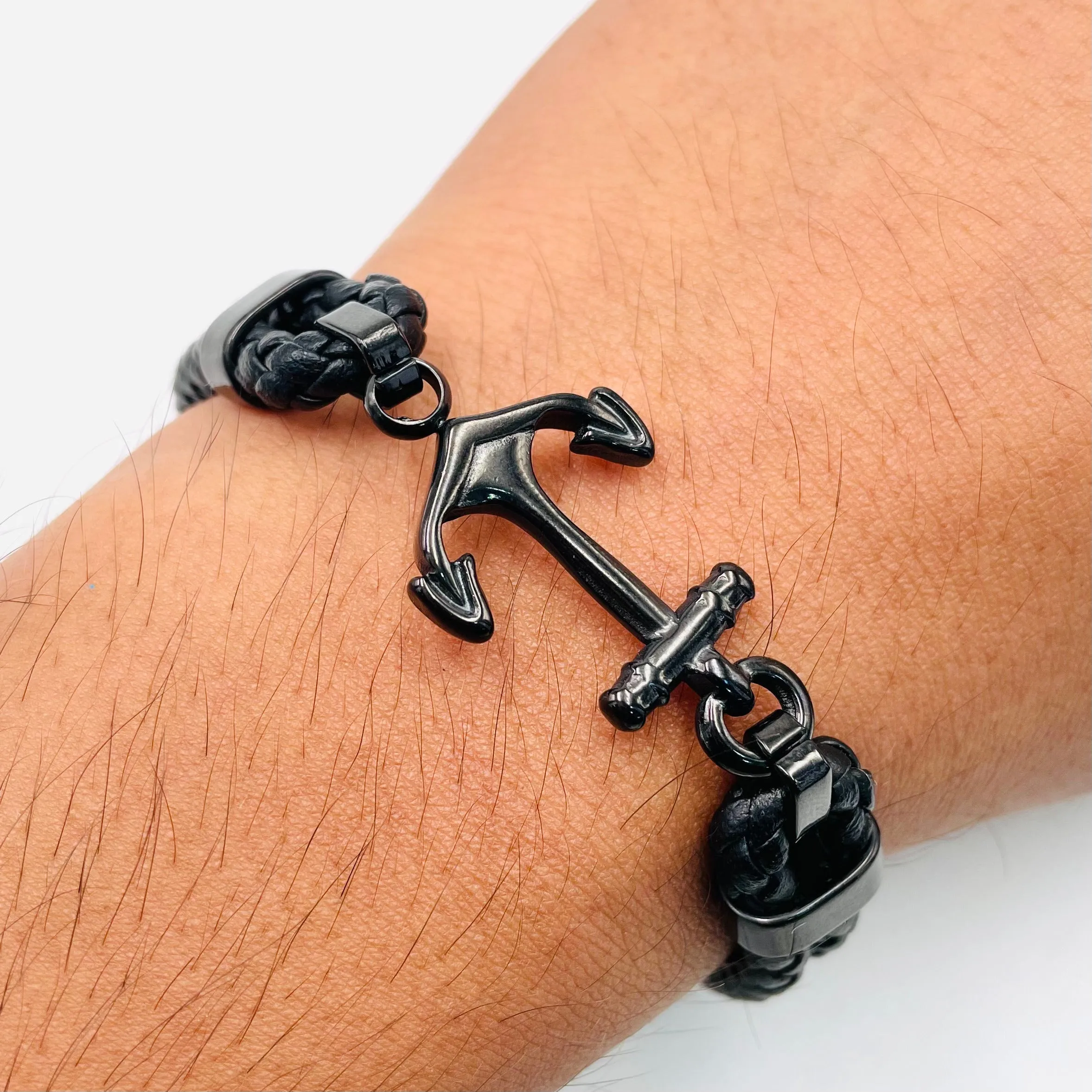 Anchor Dual layer Rope Black Silver Stainless Steel Anti Tarnish Leather Bracelet For Men