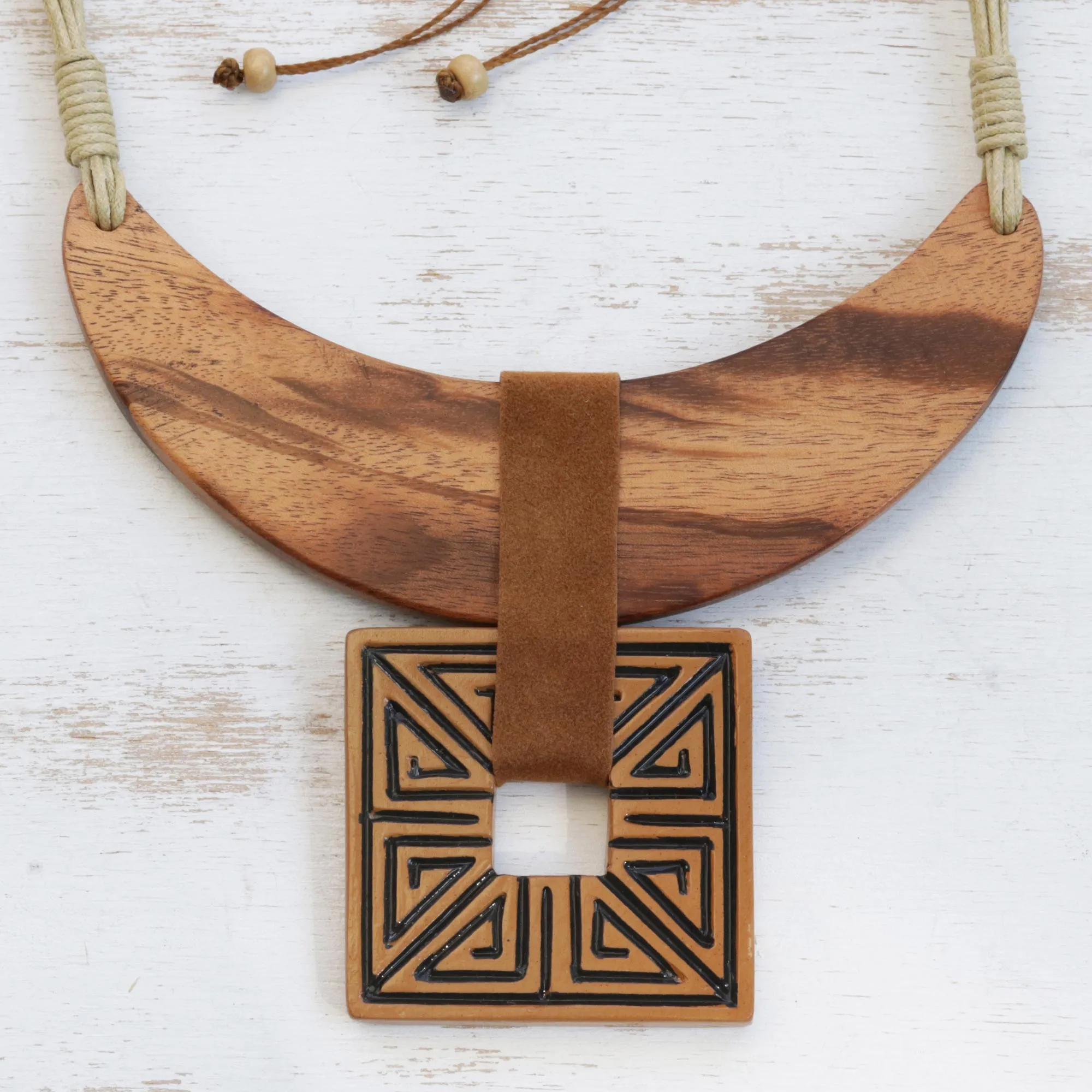 Ancient Royalty Wood and Ceramic Statement Necklace Handcrafted in Brazil