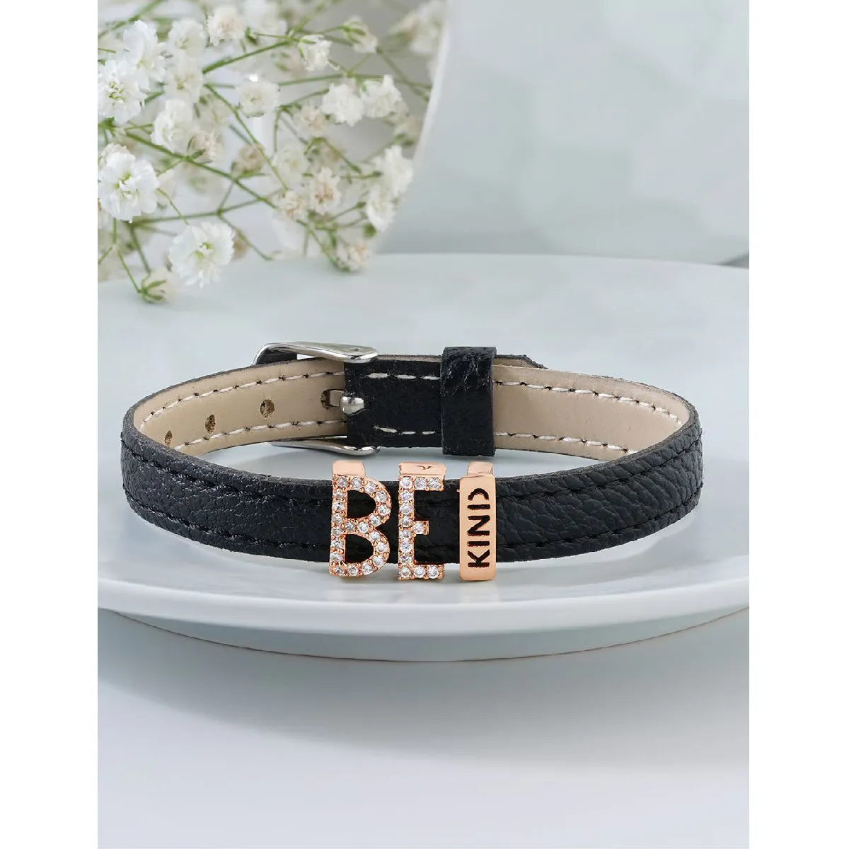 Be Kind Cubic zirconia Leather Copper Black Gold Wrist band Bracelet Women