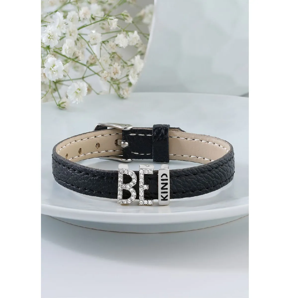 Be Kind Cubic zirconia Leather Copper Black Gold Wrist band Bracelet Women