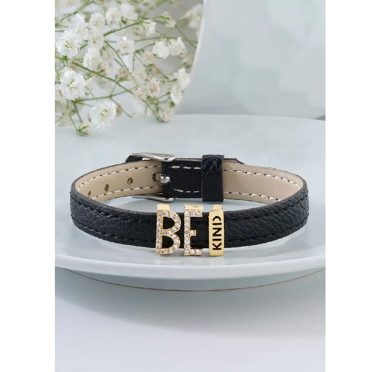 Be Kind Cubic zirconia Leather Copper Black Gold Wrist band Bracelet Women