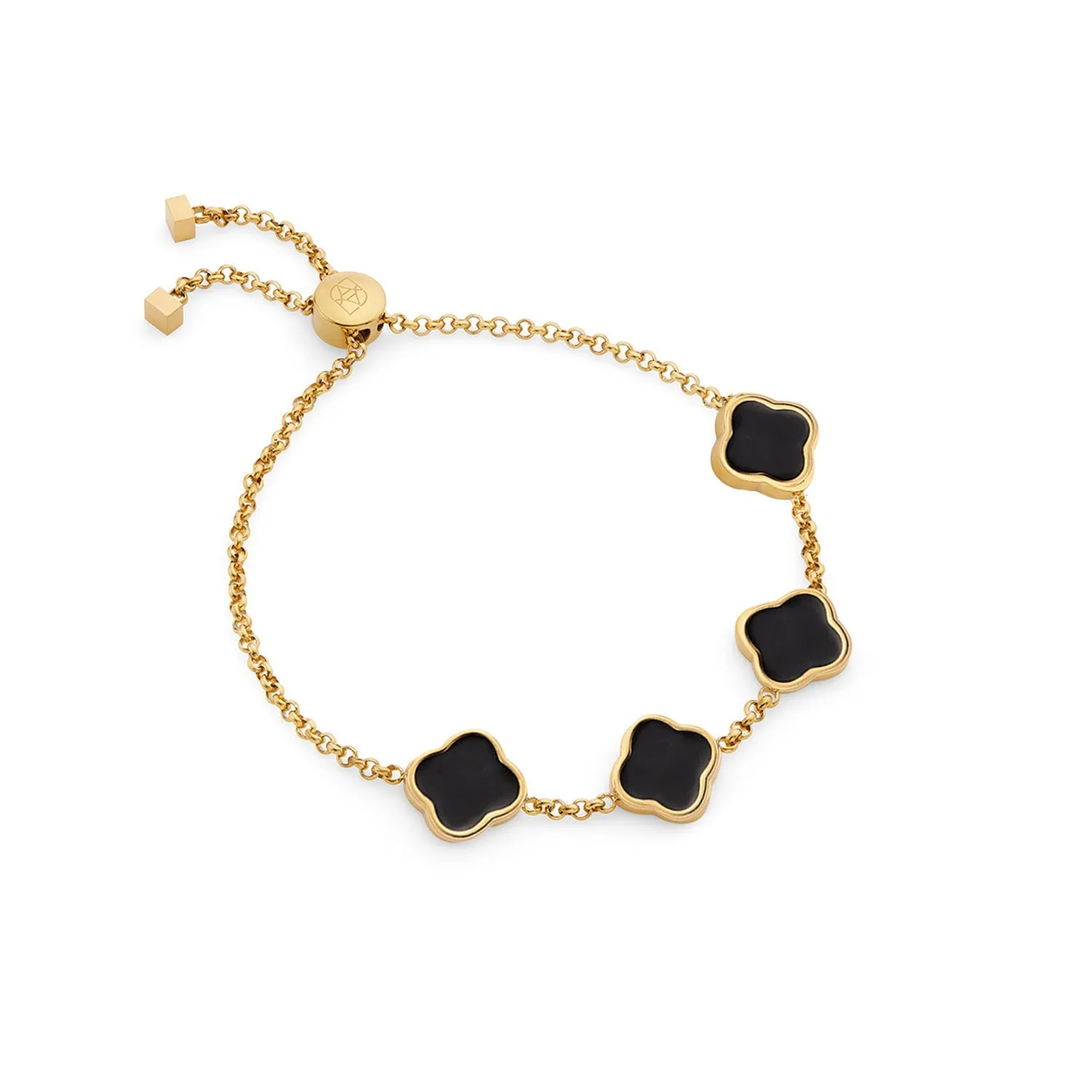 Black Enamel Clover Custom Name Bracelet (Gold)