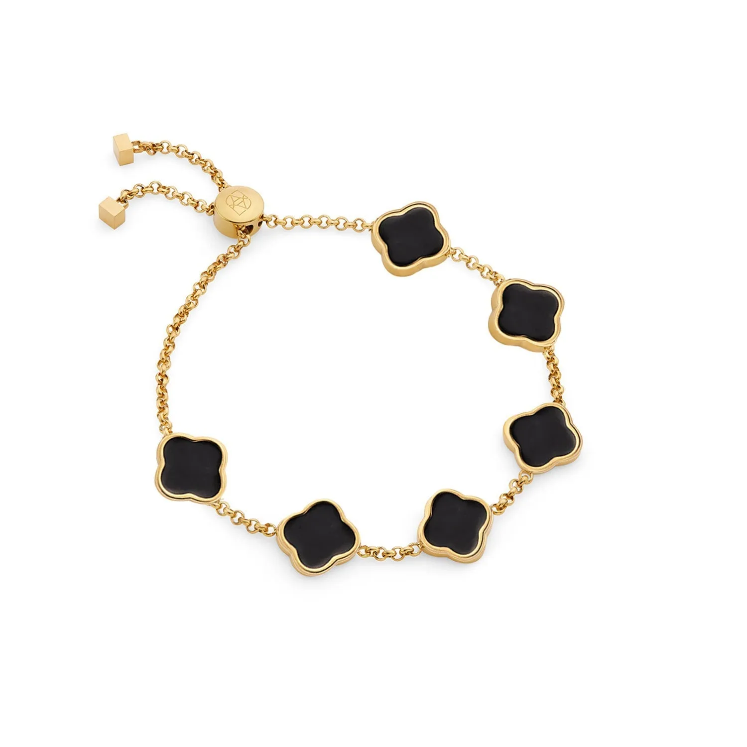 Black Enamel Clover Custom Name Bracelet (Gold)