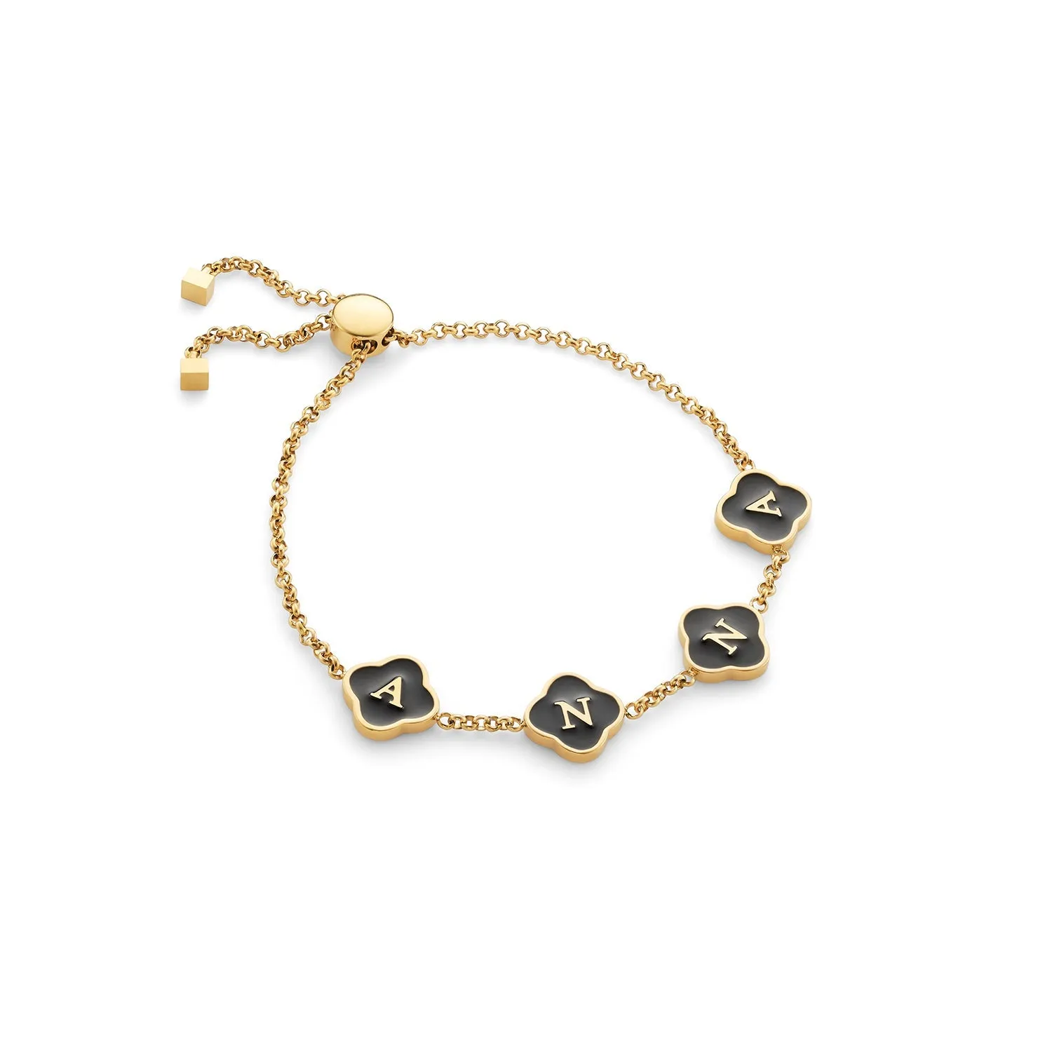 Black Enamel Clover Custom Name Bracelet (Gold)