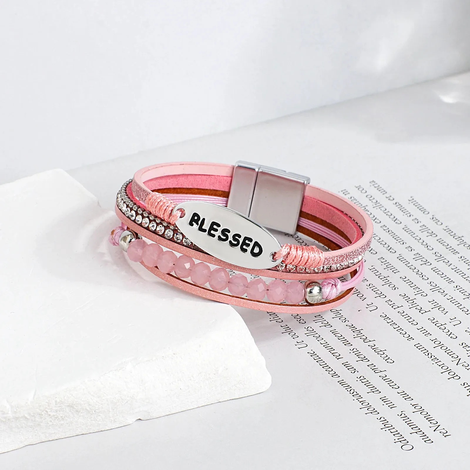 'Blessed' Charm Cuff Bracelet - pink