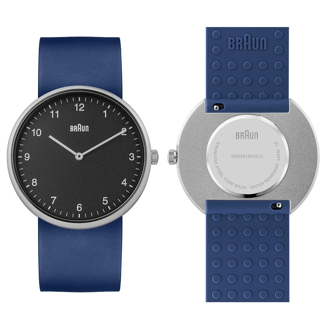 BN0281 Braun gents analogue interchangeable watch set - black dial and blue silicon strap & additional black silicon strap