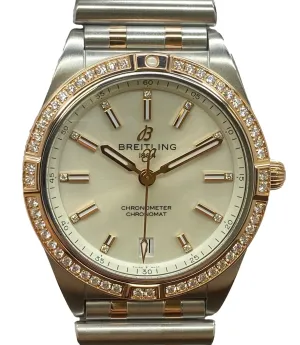 Breitling Chronomat 36mm 18K Rose Gold Diamond Bezel U10380591A1U1 White Dial Automatic Watch