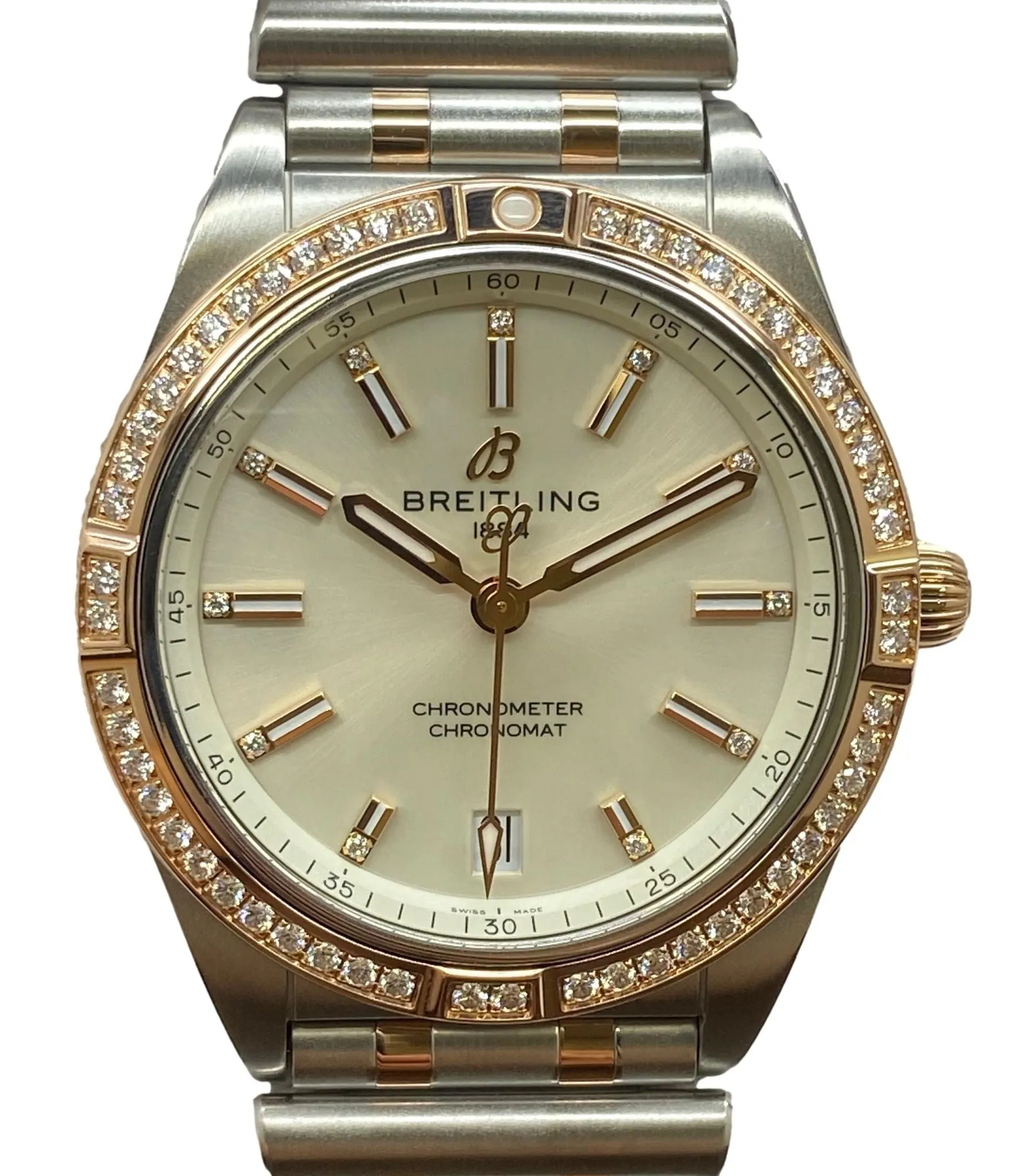 Breitling Chronomat 36mm 18K Rose Gold Diamond Bezel U10380591A1U1 White Dial Automatic Watch