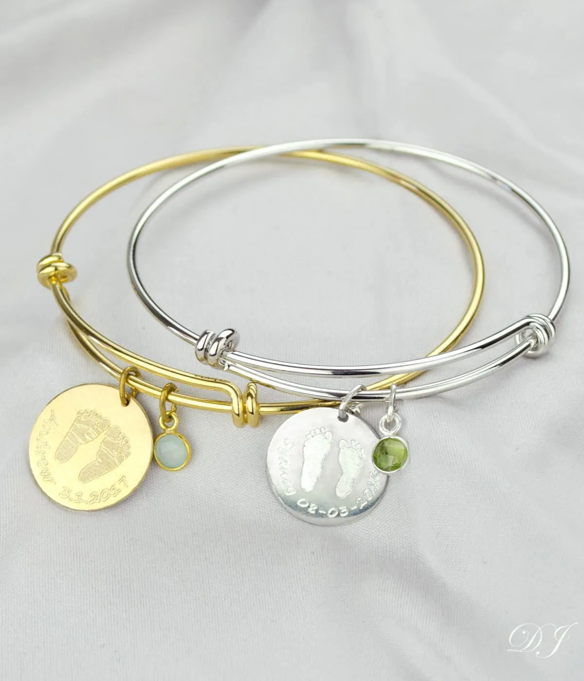 Child's Footprint or Handprint Bangle with Tiny Birthstone Charm