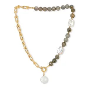 Clara chunky gold chain & labradorite necklace with cultured freshwater pearl drop