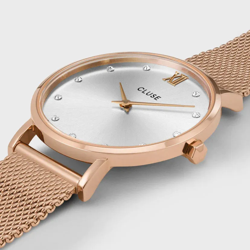 CLU Watch Minuit Mesh Crystals Silver Rose Gold