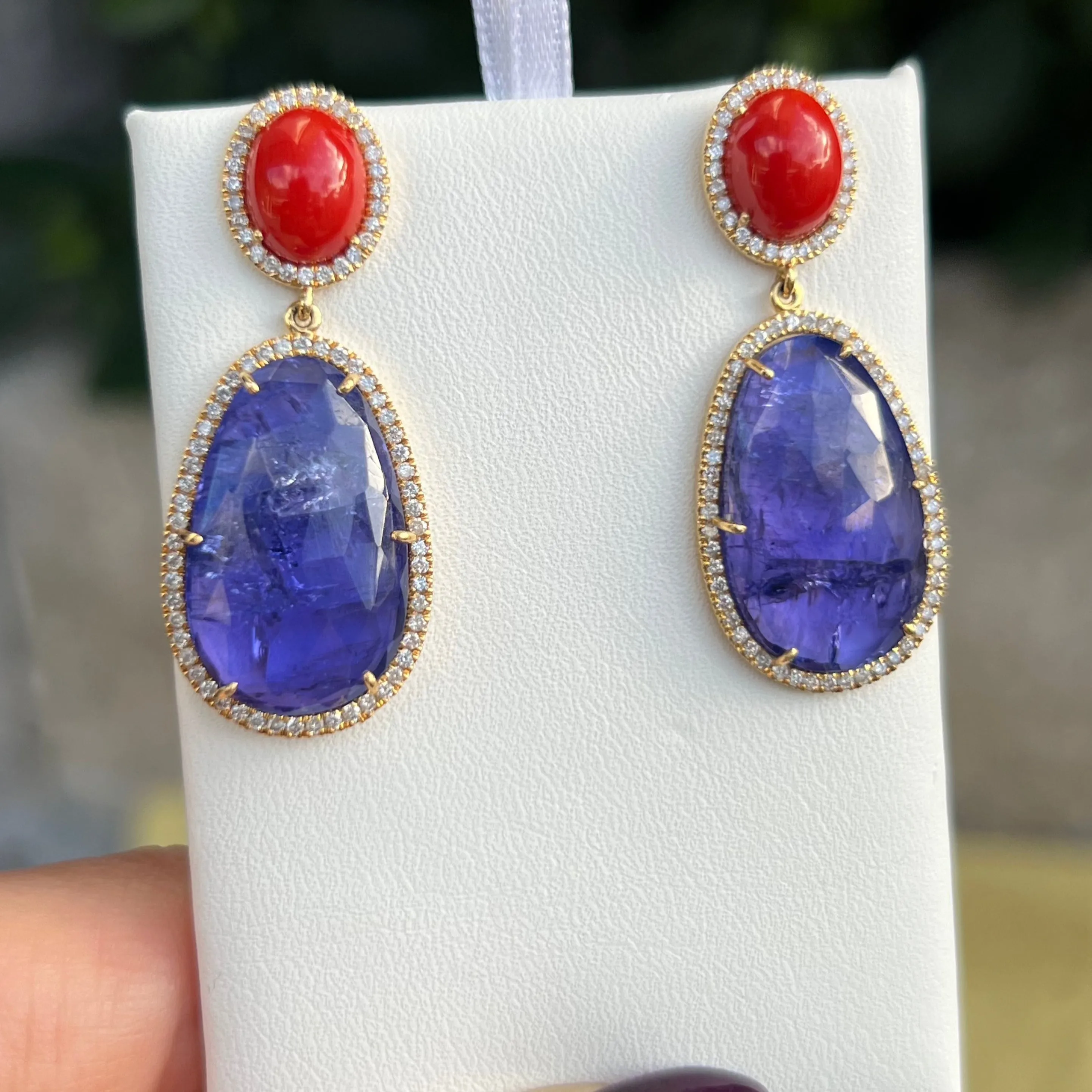 Coral and Tanzanite Drop Earrings