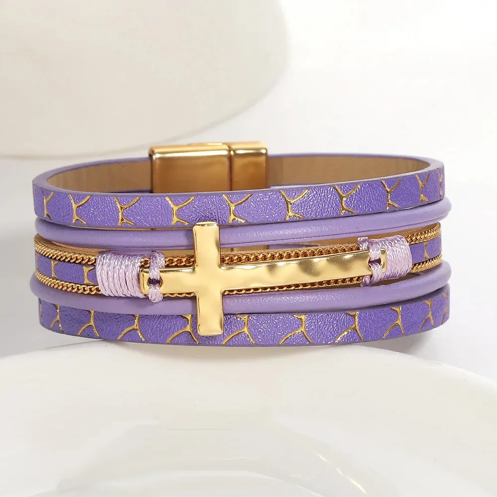 'Cross' Charm Cuff Bracelet - purple