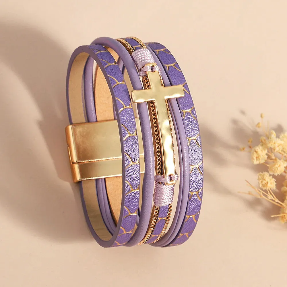 'Cross' Charm Cuff Bracelet - purple