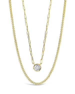 Delicate Sterling Silver 2 Layer Chain Necklace with Bezel CZ Charm