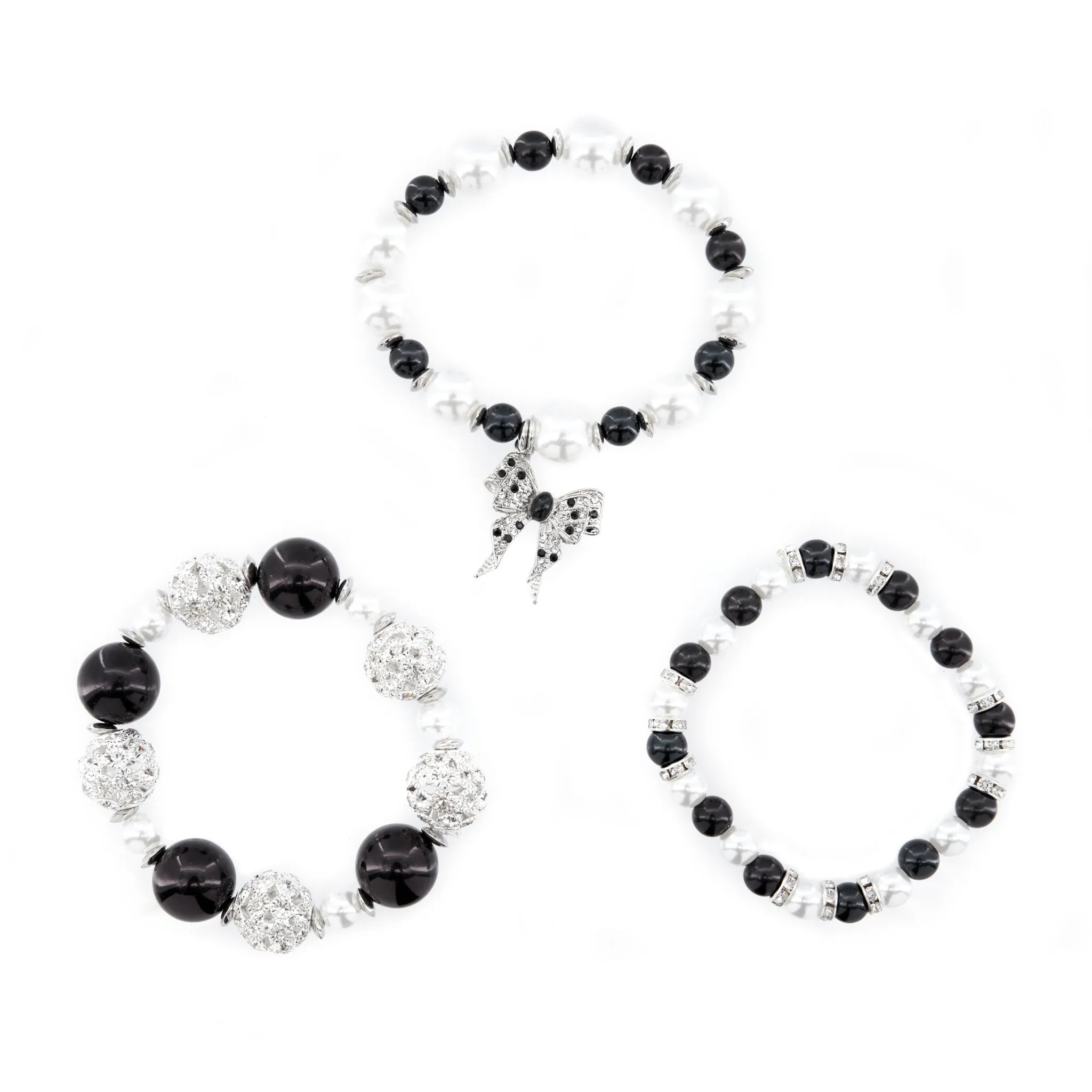 Diamonique Dainty Pearl Bracelet Stack - B/W