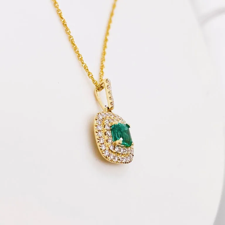 Emerald Double Diamond Halo Pendant