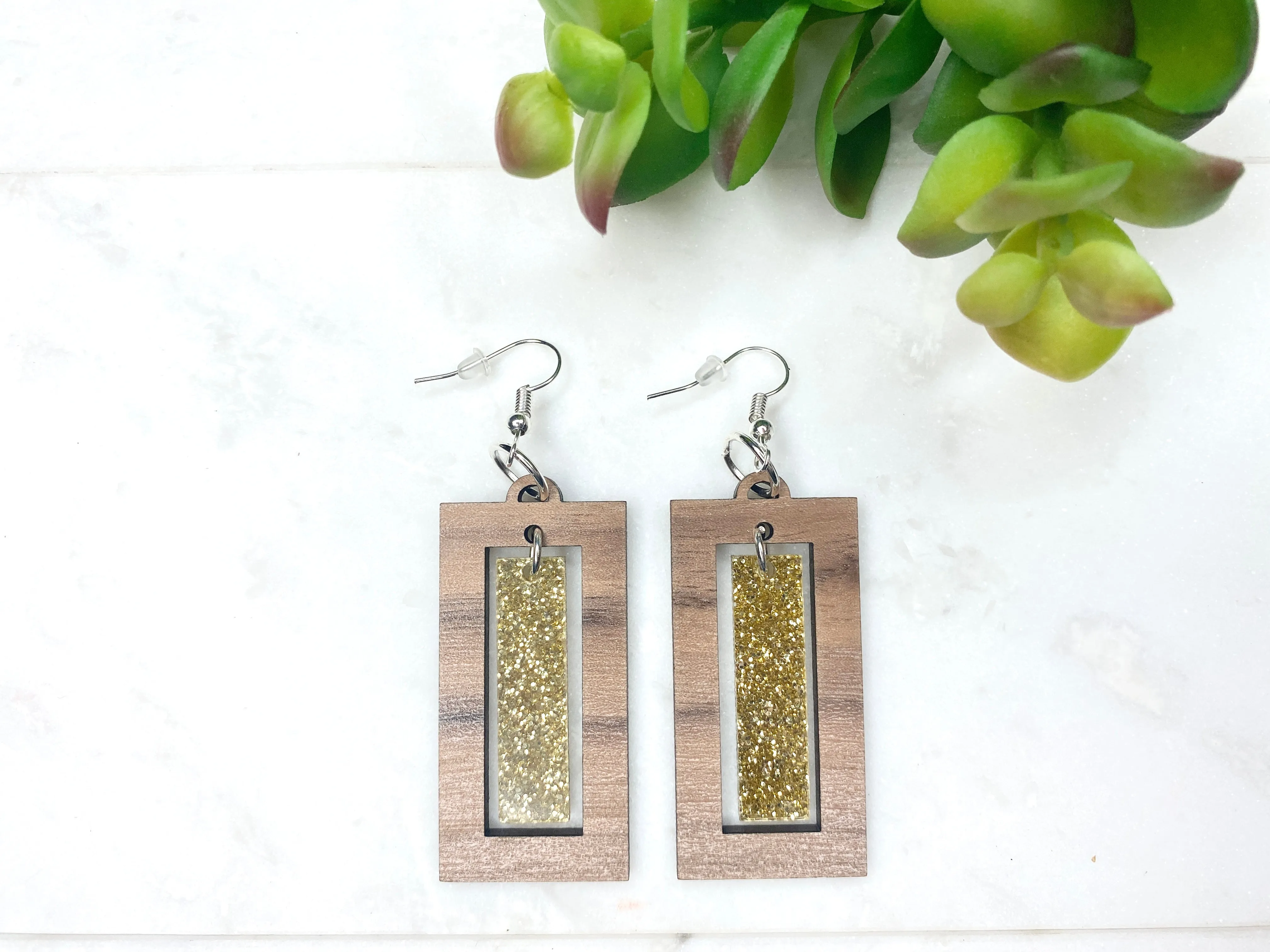 Gold Glitter Rectangle Dangle Earring Gold and Walnut Drop Earring Gold Geometric Boho Style