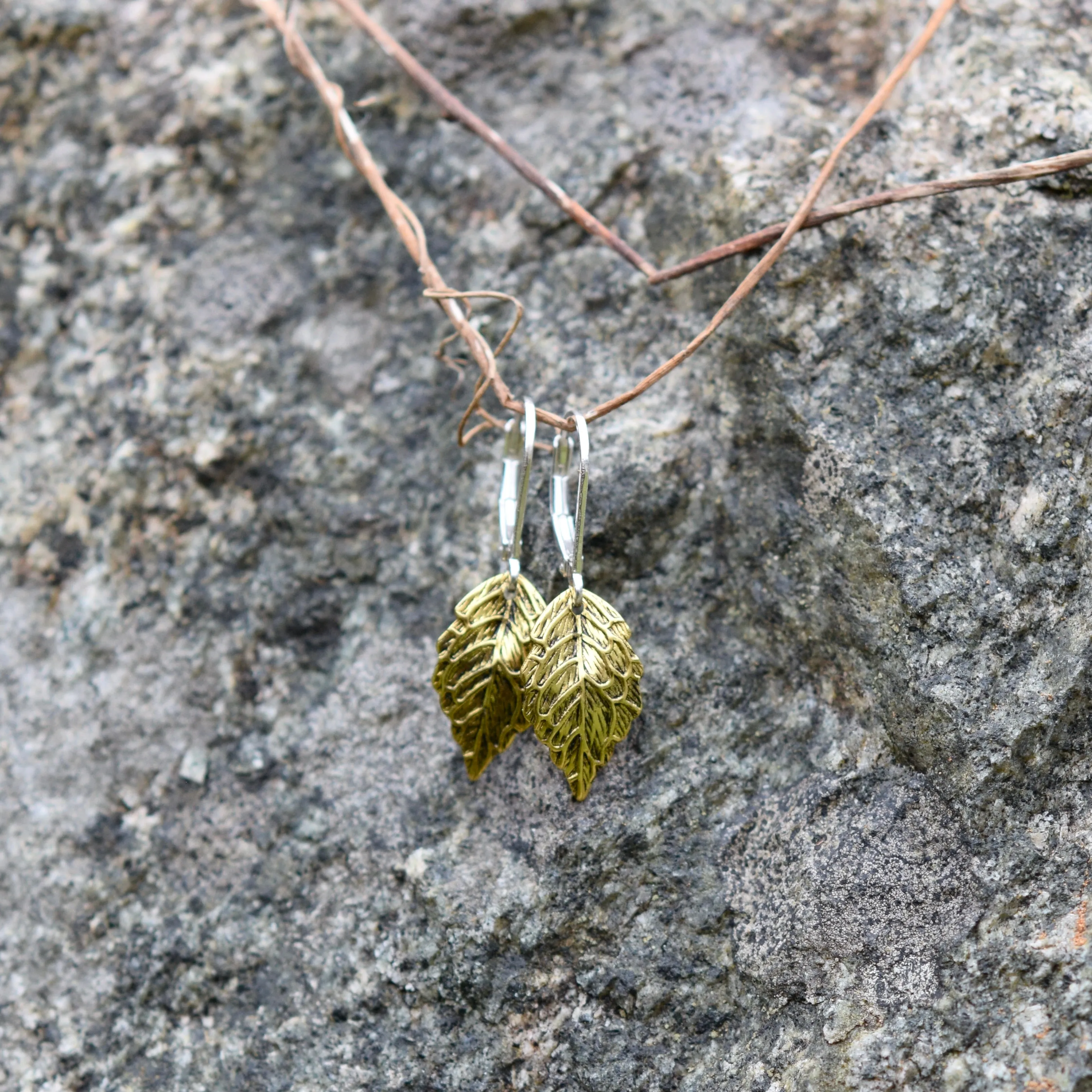 Gold Leaf Drop Earrings, Gold & Silver Two Toned, Antique Finish