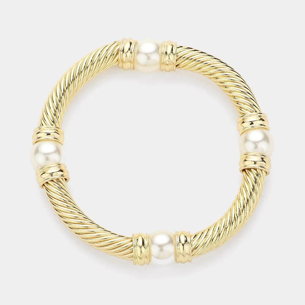 Gold Pearl Textured Metal Stretch Bracelet