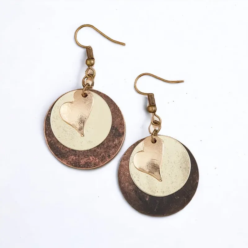 Heart Circle Bronze Dangle Earrings