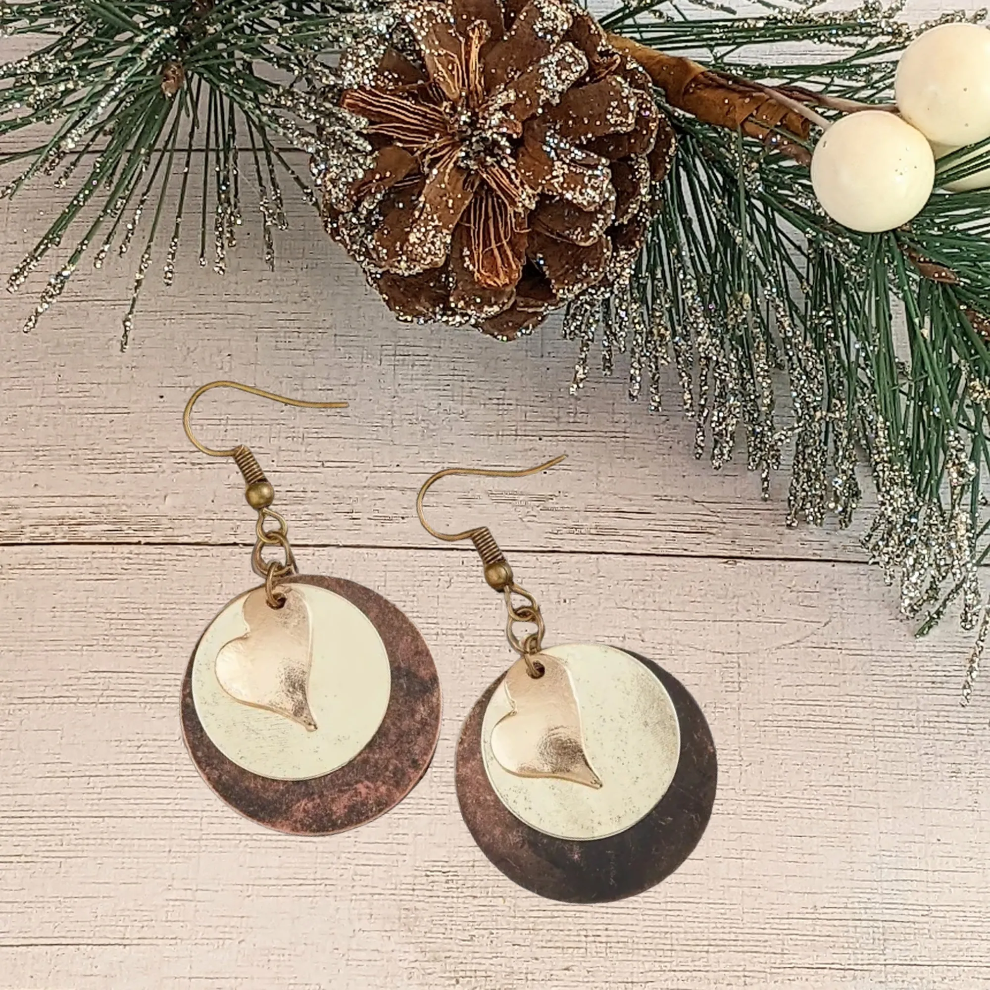 Heart Circle Bronze Dangle Earrings