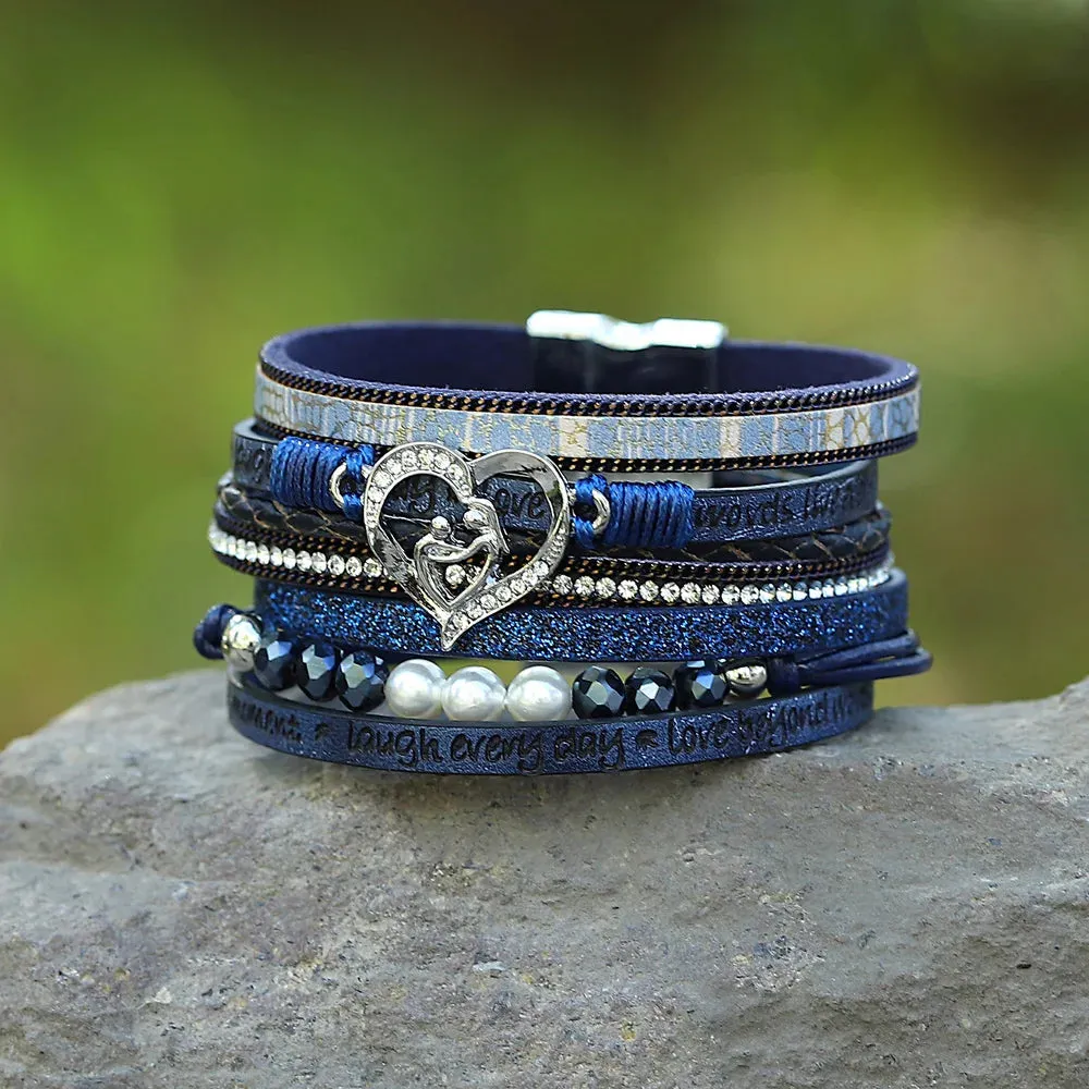 'Inspired Heart' Rhinestones and Beads Bracelet - blue