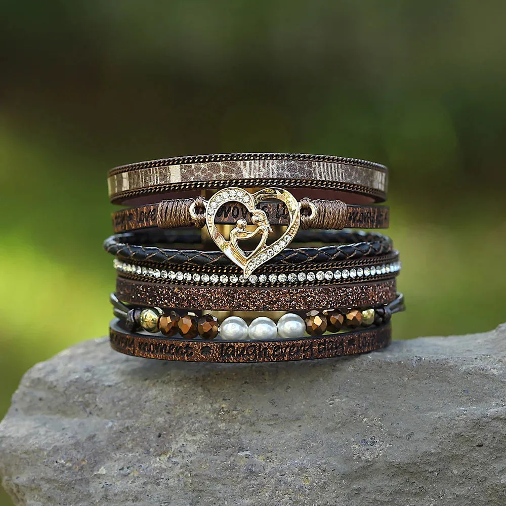 'Inspired Heart' Rhinestones and Beads Bracelet - brown