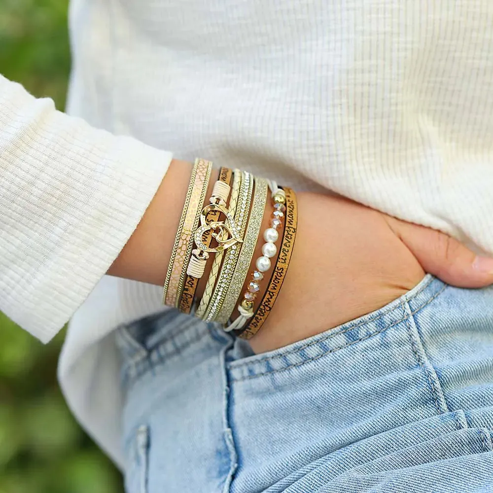 'Inspired Heart' Rhinestones and Beads Bracelet - khaki