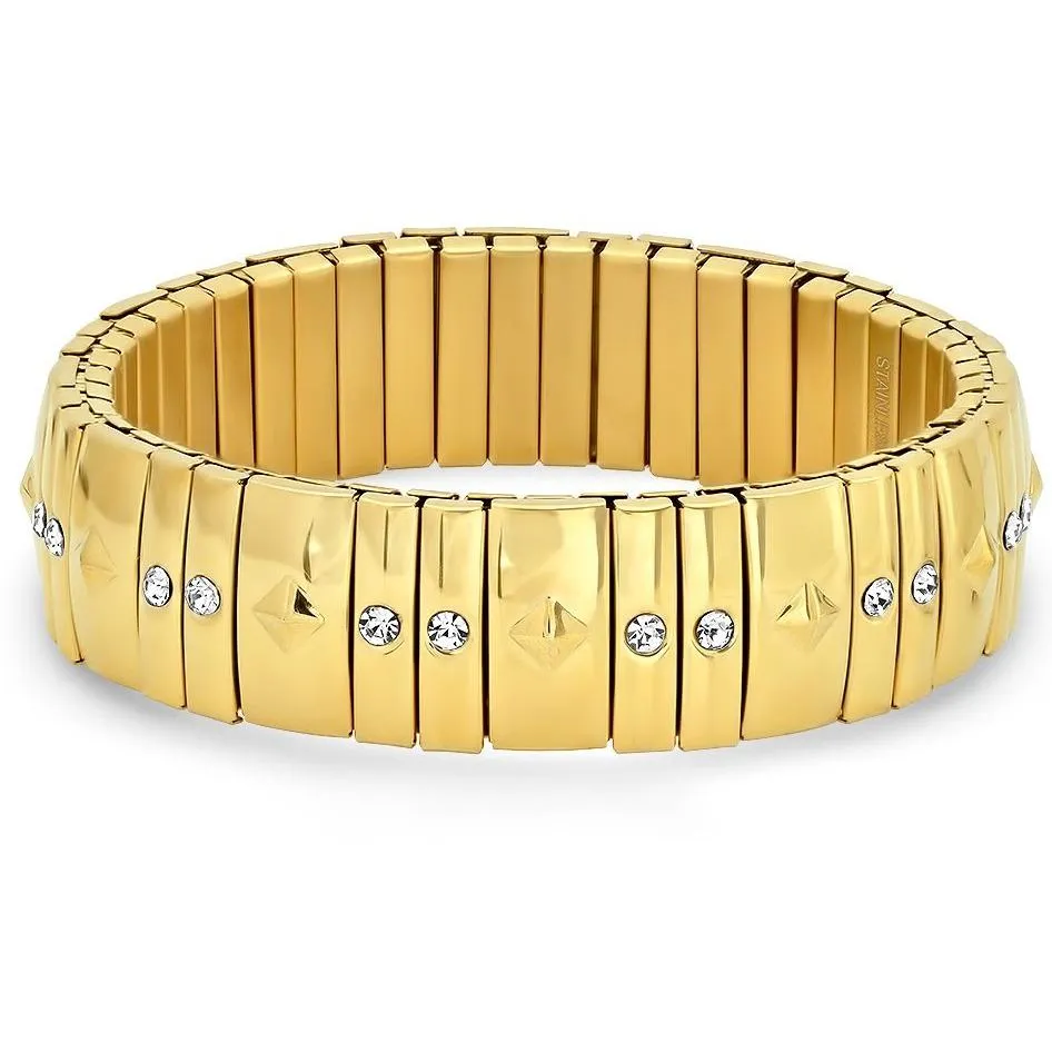 Ladies 18K Gold Studded Stretch Bracelet with Simulated Diamonds