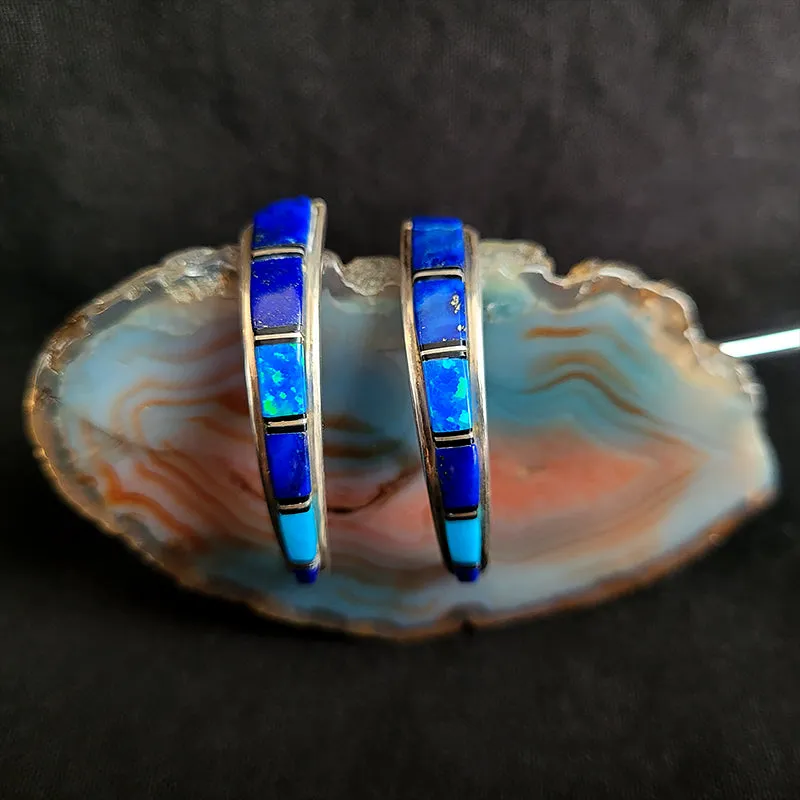 Lapis Lazuli, Opal, Jet, Turquoise, and Sterling Silver Earrings