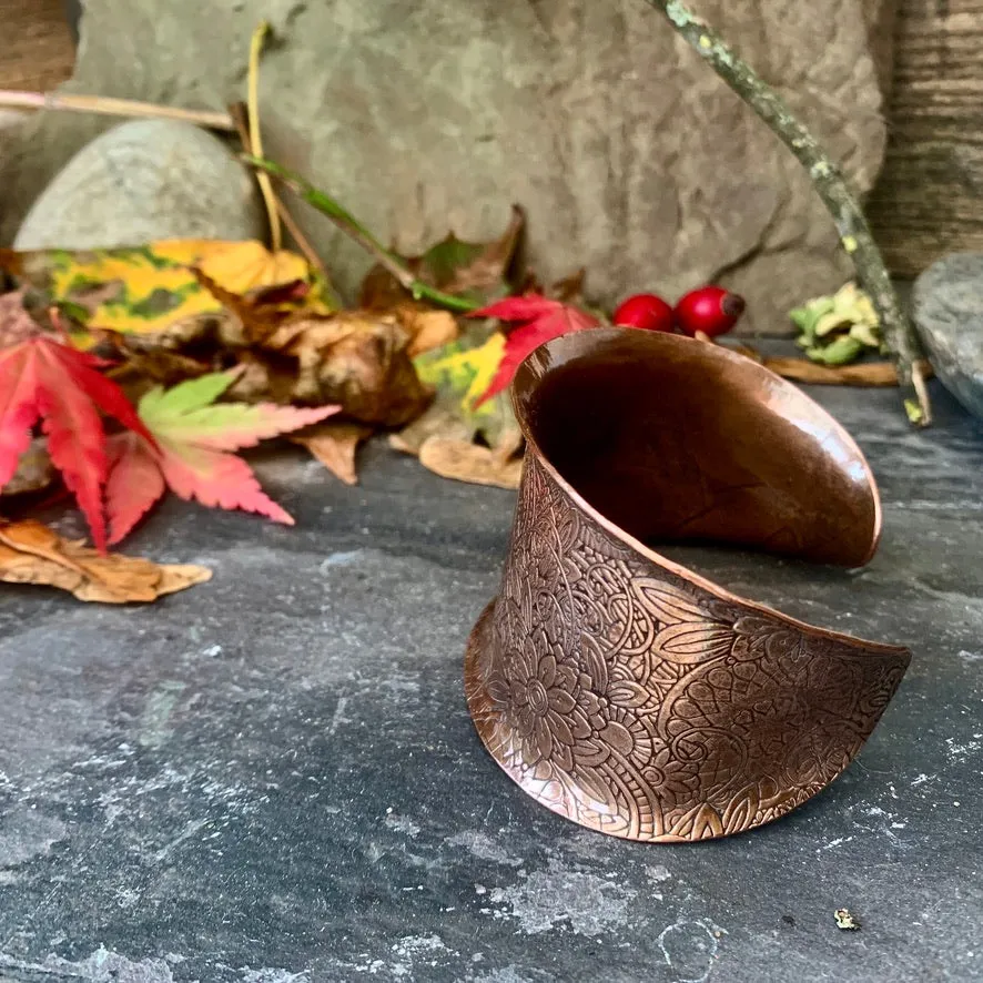 Large decorative copper cuff bracelet