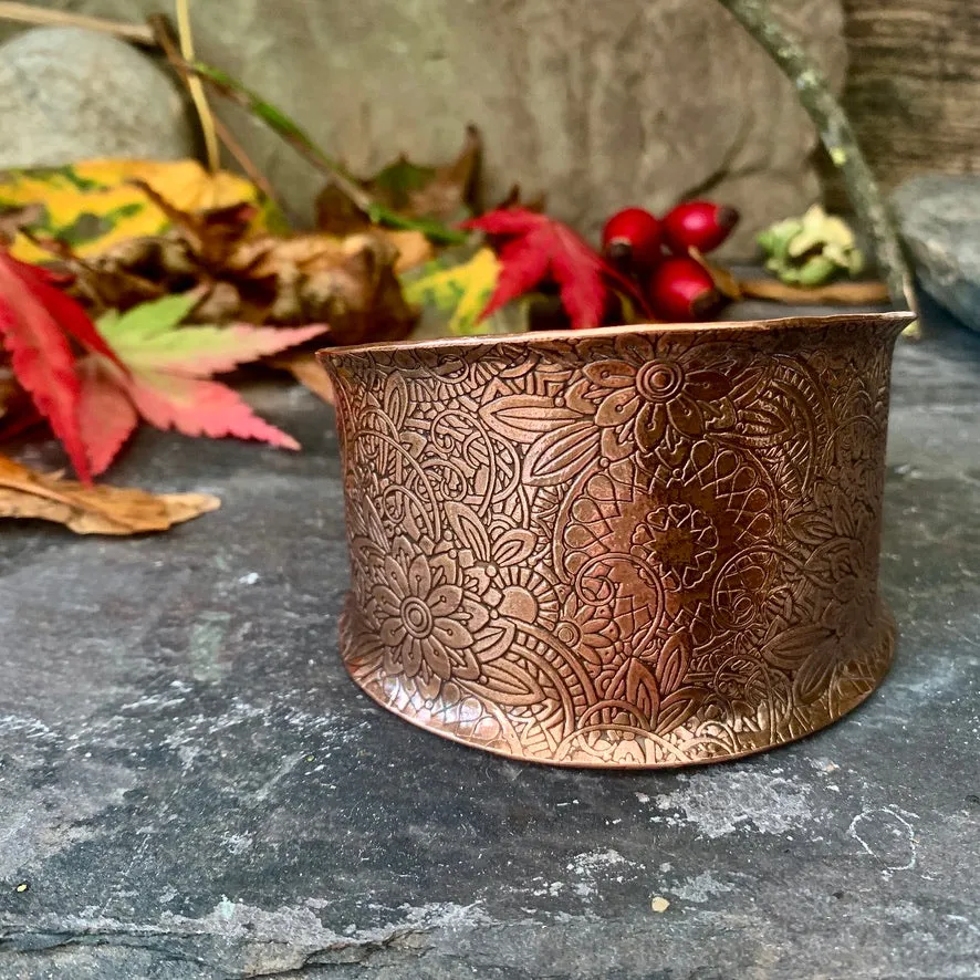 Large decorative copper cuff bracelet